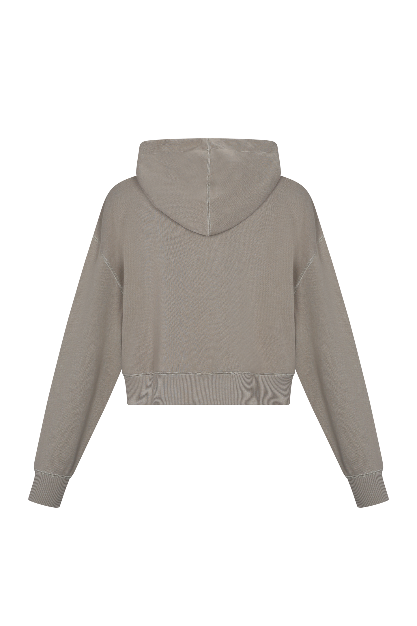 Sudadera cropped parte posterior en tono gris claro, con capucha,fabricada en algodón pima peruano y cómodo. Ideal para un atuendo casual.