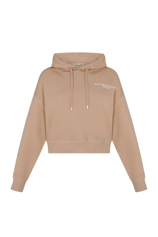 Polera Sarah hoodie con capucha de algodón beige y frase " Bachelorette tour"  Clubmatte