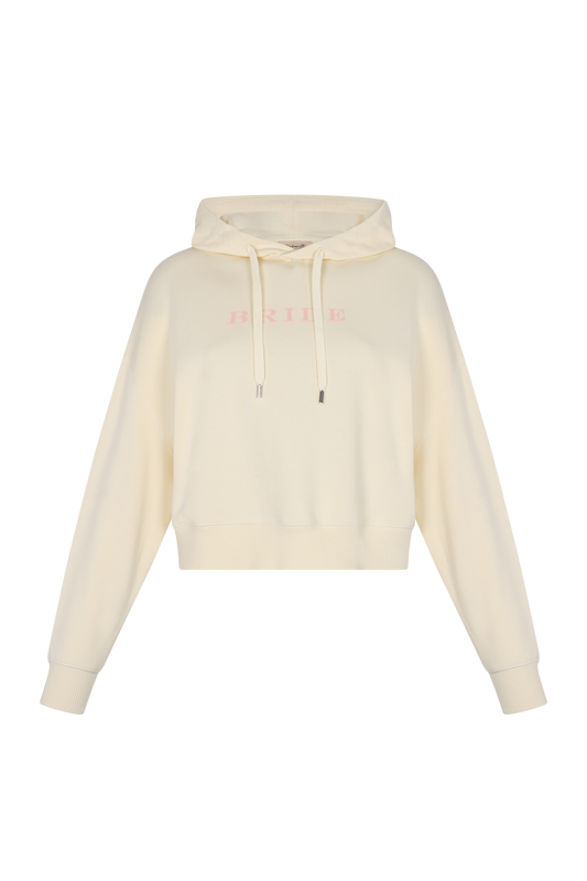 Polera Sally hoodie de algodón color crudo con capucha y frase en relieve "Bride" Clubmatte