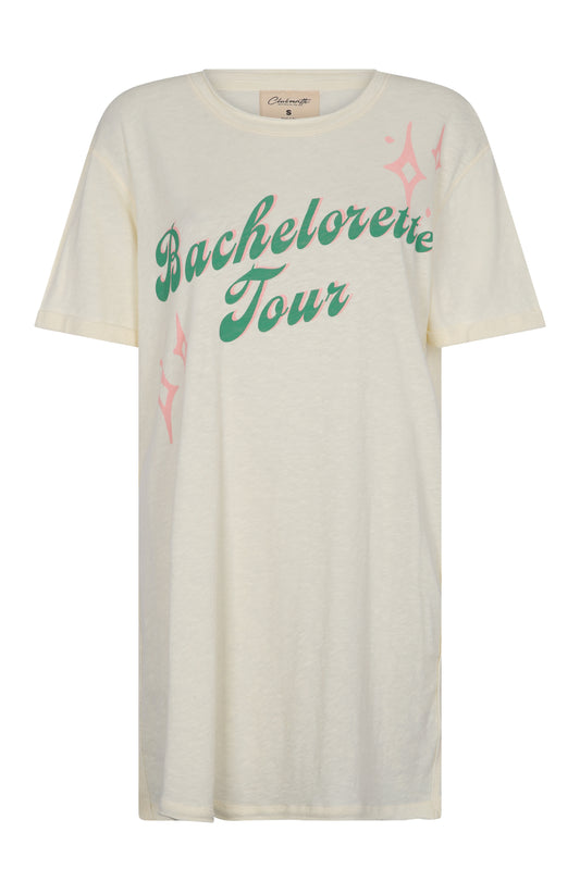Túnica Lena fluida de algodón beige, con estampado " Bachelorette tour" Clubmatte